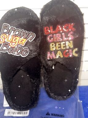 Black Fuzzy Women's Slippers with Colorful 'Black Girls Been Magic' Patch